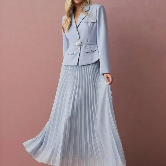 Blue Elegant Women's Blazer and Skirt Suit Set